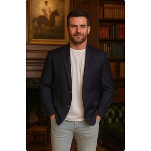 Ralph Lauren Wool Blazer Gold 2 Button Vented, Dark Navy Blue Preppy Dressy 40R